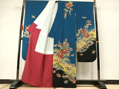 平和屋着物●豪華振袖　型染め　松竹梅　花鳥文　暈し染め　正絹　逸品　AABM3753fy