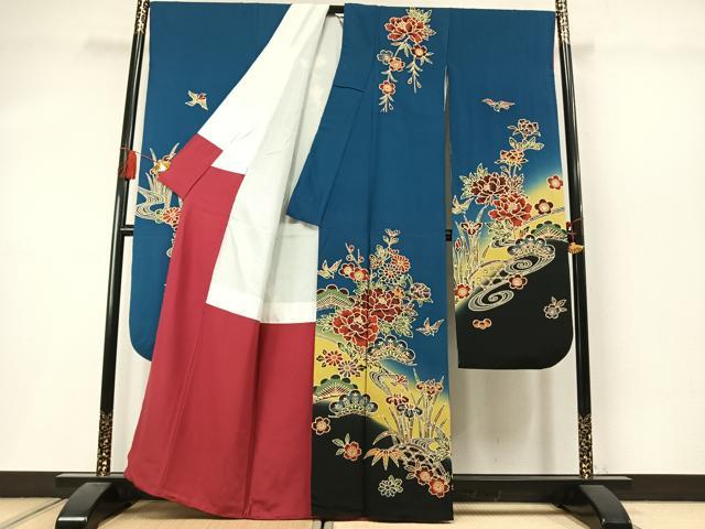 平和屋着物●豪華振袖　型染め　松竹梅　花鳥文　暈し染め　正絹　逸品　AABM3753fy