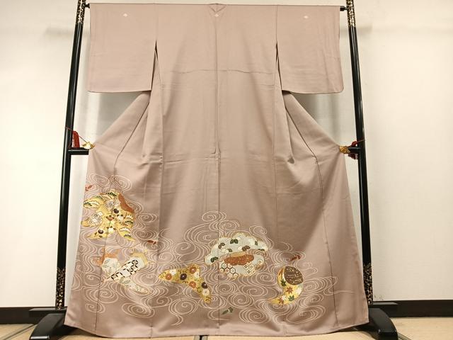 平和屋着物●豪華色留袖　駒刺繍　宝尽くし流水花文　金彩　正絹　逸品　AABM3756fy