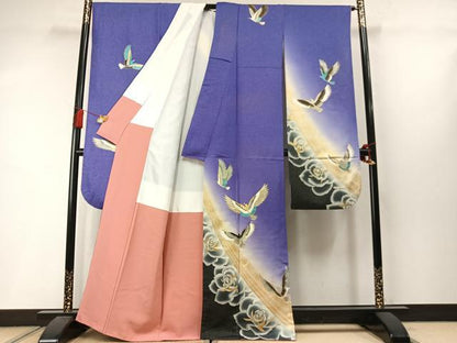 平和屋着物●豪華振袖　駒刺繍　花鳥文　暈し染め　金銀彩　銀通し地　正絹　逸品　AABM3760fy