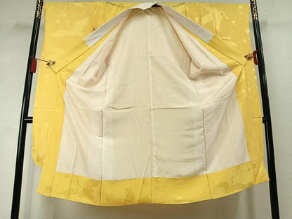 平和屋着物●振袖用長襦袢　袷　飛鶴枝梅地紋　支子色　正絹　逸品　AABM3767fy