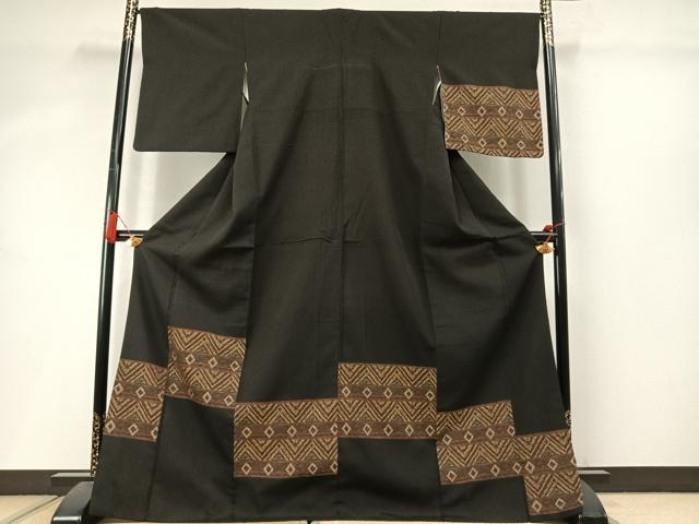 平和屋着物●訪問着　お召地　幾何学文様　黒地　ロング丈　正絹　逸品　AABM3771fy