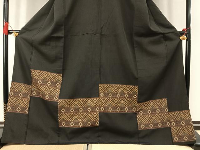 平和屋着物●訪問着　お召地　幾何学文様　黒地　ロング丈　正絹　逸品　AABM3771fy