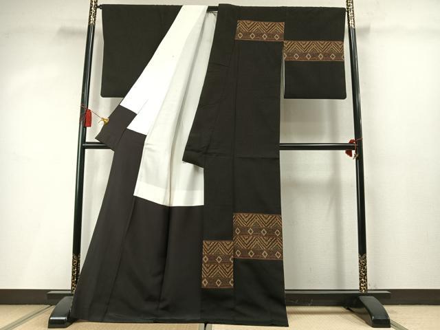 平和屋着物●訪問着　お召地　幾何学文様　黒地　ロング丈　正絹　逸品　AABM3771fy