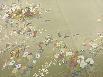 平和屋着物●訪問着　扇面花文　暈し染め　金彩　正絹　逸品　未使用　AABM3779fy