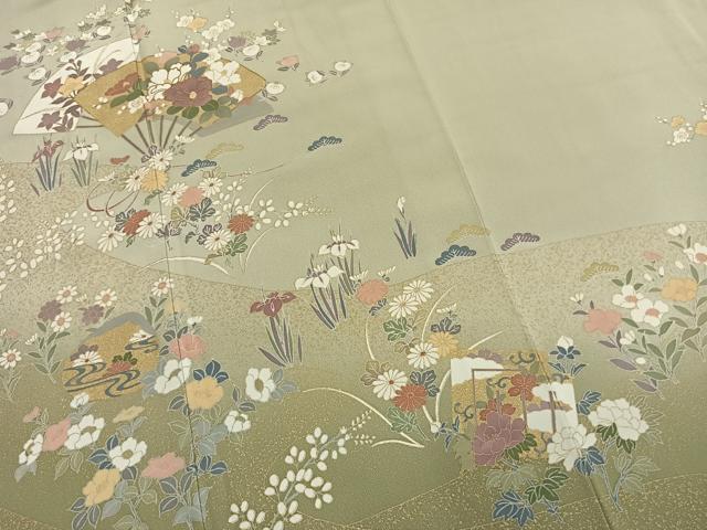 平和屋着物●訪問着　扇面花文　暈し染め　金彩　正絹　逸品　未使用　AABM3779fy