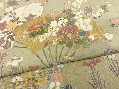 平和屋着物●訪問着　扇面花文　暈し染め　金彩　正絹　逸品　未使用　AABM3779fy