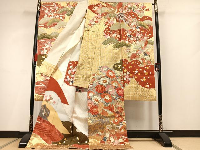 平和屋着物●豪華振袖　駒刺繍　花鳥文　金彩　仮絵羽　正絹　逸品　未使用　AABM3783fy