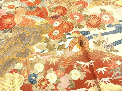 平和屋着物●豪華振袖　駒刺繍　花鳥文　金彩　仮絵羽　正絹　逸品　未使用　AABM3783fy