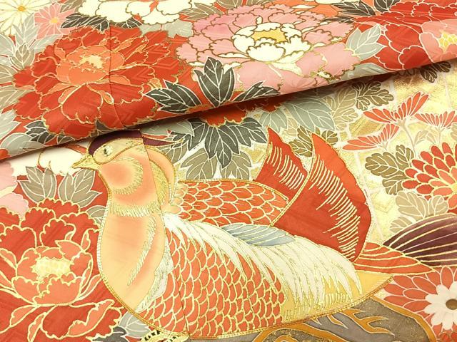 平和屋着物●豪華振袖　駒刺繍　花鳥文　金彩　仮絵羽　正絹　逸品　未使用　AABM3783fy