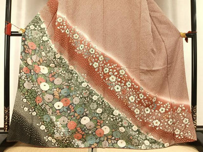 平和屋着物●訪問着　辻が花　総絞り　暈し染め　金通し地　正絹　逸品　AABM3786fy