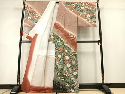 平和屋着物●訪問着　辻が花　総絞り　暈し染め　金通し地　正絹　逸品　AABM3786fy