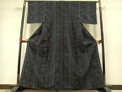 平和屋着物●結城紬　80亀甲　花唐草間道　正絹　逸品　AABM3796fy