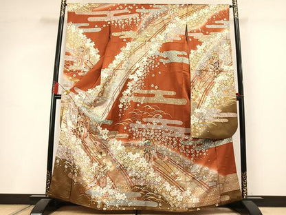 平和屋着物●豪華振袖　駒刺繍　御所車花文　暈し染め　金彩　正絹　逸品　AABM3805fy