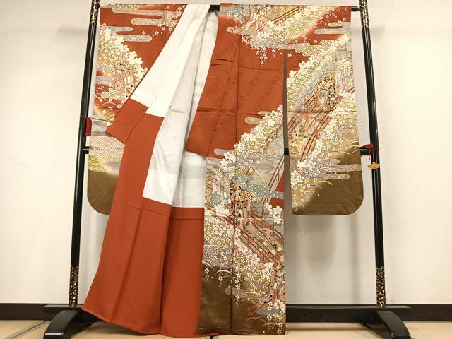 平和屋着物●豪華振袖　駒刺繍　御所車花文　暈し染め　金彩　正絹　逸品　AABM3805fy
