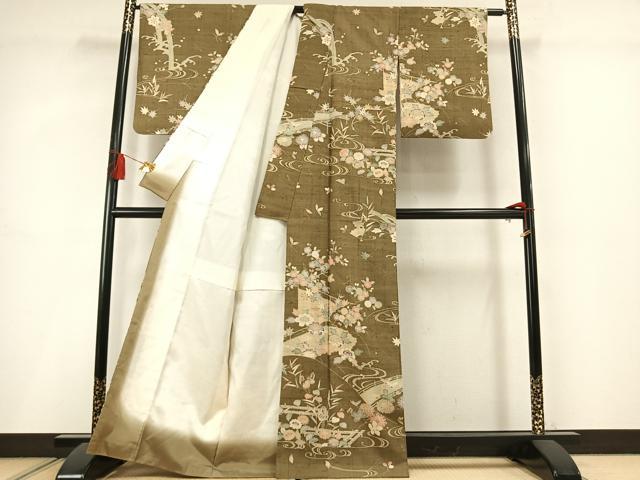 平和屋着物●染織の名門　しょうざん  生紬　訪問着　草花文　正絹　逸品　AABM3807fy