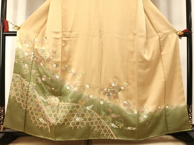 平和屋着物●訪問着　扇面花文　暈し染め　金彩　正絹　逸品　未使用　AABM3809fy