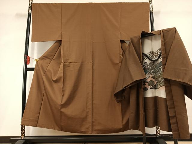 平和屋着物●男性　紬　アンサンブル　色無地　香染色　正絹　逸品　AABM3817fy