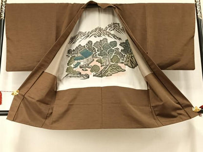 平和屋着物●男性　紬　アンサンブル　色無地　香染色　正絹　逸品　AABM3817fy