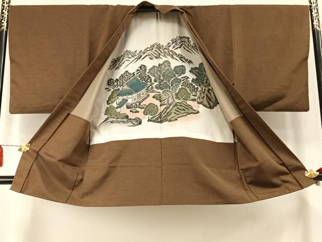 平和屋着物●男性　紬　アンサンブル　色無地　香染色　正絹　逸品　AABM3817fy