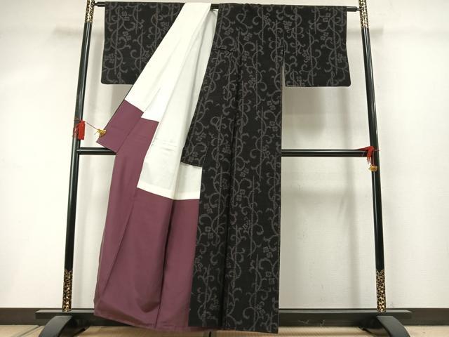 平和屋着物●結城紬　飛び亀甲柄　花唐草文　正絹　逸品　AABM3827fy