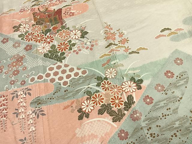 平和屋着物●訪問着　絞り　御所車花文　金彩　正絹　逸品　AABM3832fy