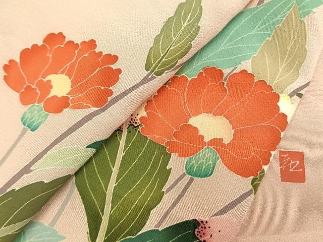 平和屋着物▼訪問着　友禅　作家物　枝花文　正絹　逸品　AABM3836fy