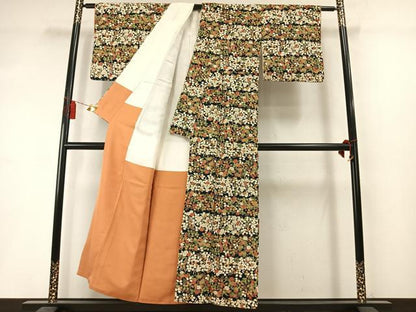 平和屋着物▼上質な小紋　草花文　金彩　鬼しぼ縮緬　正絹　逸品　AABM3837fy