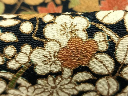 平和屋着物▼上質な小紋　草花文　金彩　鬼しぼ縮緬　正絹　逸品　AABM3837fy