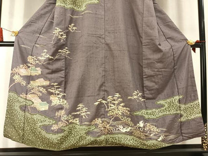平和屋着物●訪問着　紬地　風景枝松文　金彩　やまと誂製　正絹　逸品　AABM3842fy