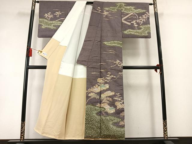 平和屋着物●訪問着　紬地　風景枝松文　金彩　やまと誂製　正絹　逸品　AABM3842fy