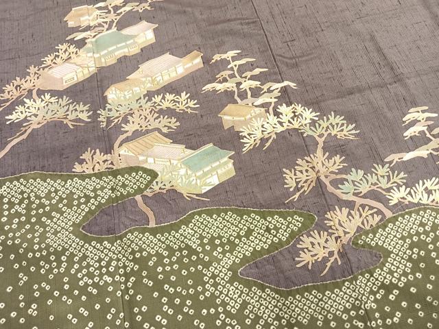 平和屋着物●訪問着　紬地　風景枝松文　金彩　やまと誂製　正絹　逸品　AABM3842fy