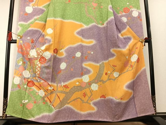 平和屋着物●豪華振袖　駒刺繍　枝梅松文　暈し染め　金彩　正絹　逸品　AABM3848fy