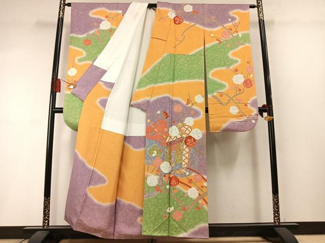 平和屋着物●豪華振袖　駒刺繍　枝梅松文　暈し染め　金彩　正絹　逸品　AABM3848fy