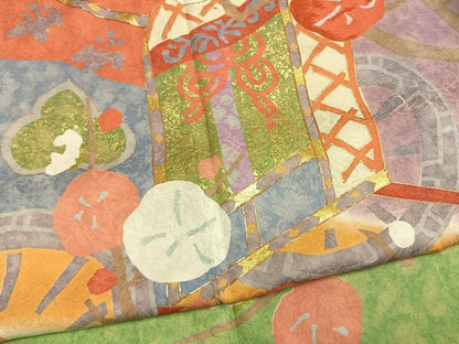 平和屋着物●豪華振袖　駒刺繍　枝梅松文　暈し染め　金彩　正絹　逸品　AABM3848fy