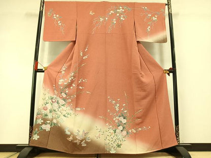 平和屋着物●訪問着　友禅　花蝶文　暈し染め　正絹　逸品　未使用　AABM3852fy
