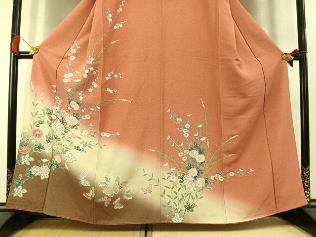 平和屋着物●訪問着　友禅　花蝶文　暈し染め　正絹　逸品　未使用　AABM3852fy