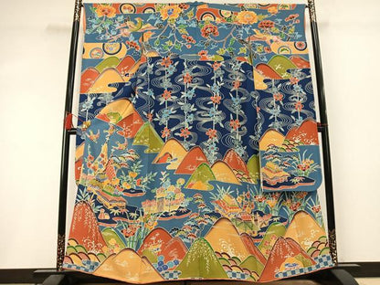 平和屋着物●豪華振袖　型染め　松竹梅　風景花鳥文　正絹　逸品　AABM3859fy