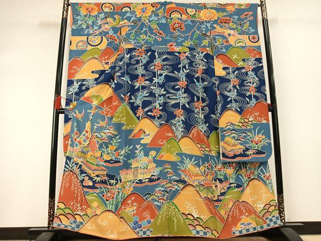 平和屋着物●豪華振袖　型染め　松竹梅　風景花鳥文　正絹　逸品　AABM3859fy