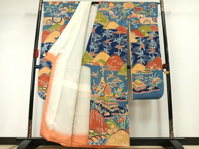 平和屋着物●豪華振袖　型染め　松竹梅　風景花鳥文　正絹　逸品　AABM3859fy