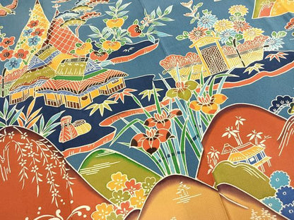 平和屋着物●豪華振袖　型染め　松竹梅　風景花鳥文　正絹　逸品　AABM3859fy