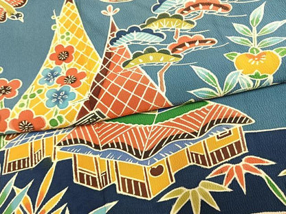 平和屋着物●豪華振袖　型染め　松竹梅　風景花鳥文　正絹　逸品　AABM3859fy