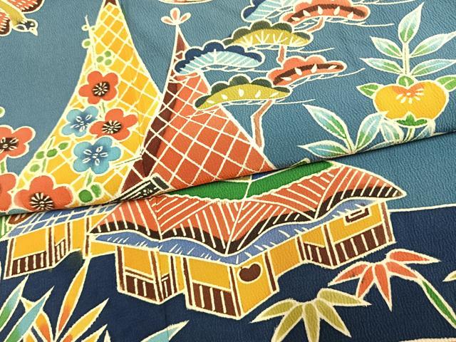 平和屋着物●豪華振袖　型染め　松竹梅　風景花鳥文　正絹　逸品　AABM3859fy