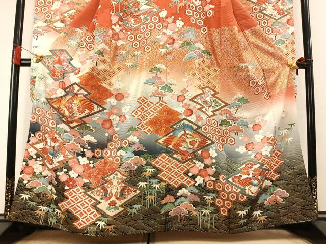 平和屋着物●豪華振袖　駒刺繍　松竹梅　孔雀花文　暈し染め　金彩　正絹　逸品　AABM3860fy