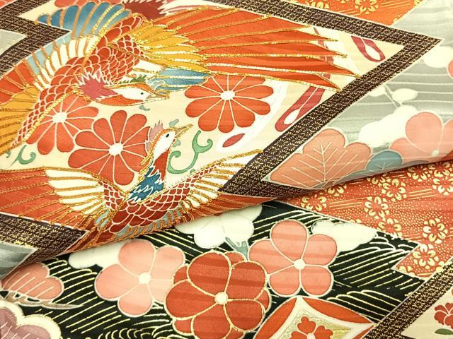 平和屋着物●豪華振袖　駒刺繍　松竹梅　孔雀花文　暈し染め　金彩　正絹　逸品　AABM3860fy