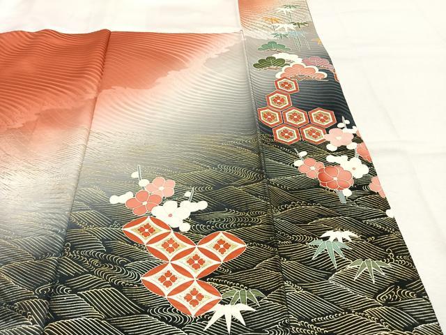 平和屋着物●豪華振袖　駒刺繍　松竹梅　孔雀花文　暈し染め　金彩　正絹　逸品　AABM3860fy
