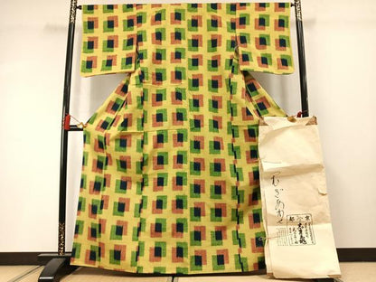 平和屋着物●銀座　志ま亀　紬　色紙重ね文　たとう紙付き　正絹　逸品　AABM3875fy