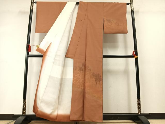 平和屋着物●訪問着　紬地　寿光織　樹林草花文　正絹　逸品　AABM3876fy