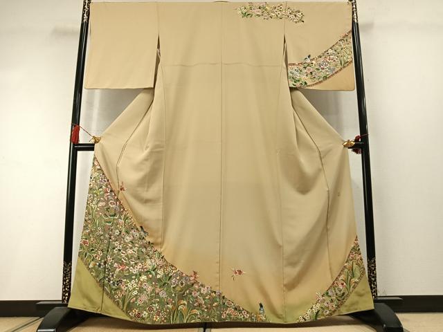 平和屋着物●中国三大刺繍　スワトウ刺繍　汕頭刺繍　総刺繍　訪問着　作家物　舞蝶花鳥文　暈し染め　金糸　正絹　逸品　AABM3880fy