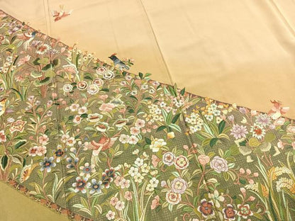 平和屋着物●中国三大刺繍　スワトウ刺繍　汕頭刺繍　総刺繍　訪問着　作家物　舞蝶花鳥文　暈し染め　金糸　正絹　逸品　AABM3880fy
